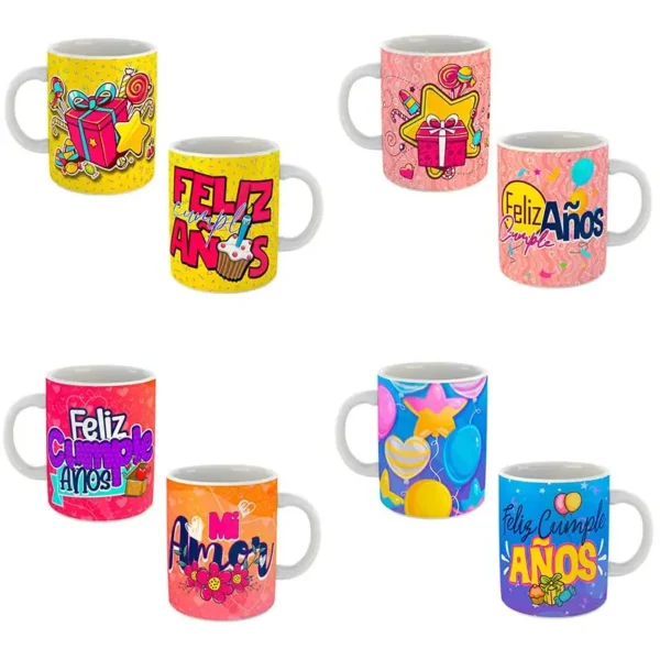 Plantilla editable para sublimar taza de cumpleaños con marco para foto. Diseño de taza de cumpleaños con globos y confeti. Taza personalizada con el nombre del cumpleañero. Mockup de taza de cumpleaños con fondo transparente.