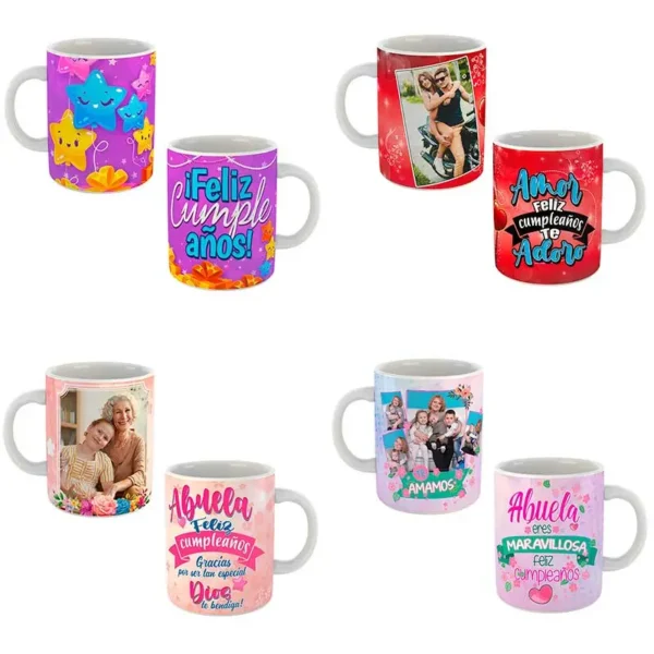 Plantilla editable para sublimar taza de cumpleaños con marco para foto. Diseño de taza de cumpleaños con globos y confeti. Taza personalizada con el nombre del cumpleañero. Mockup de taza de cumpleaños con fondo transparente.