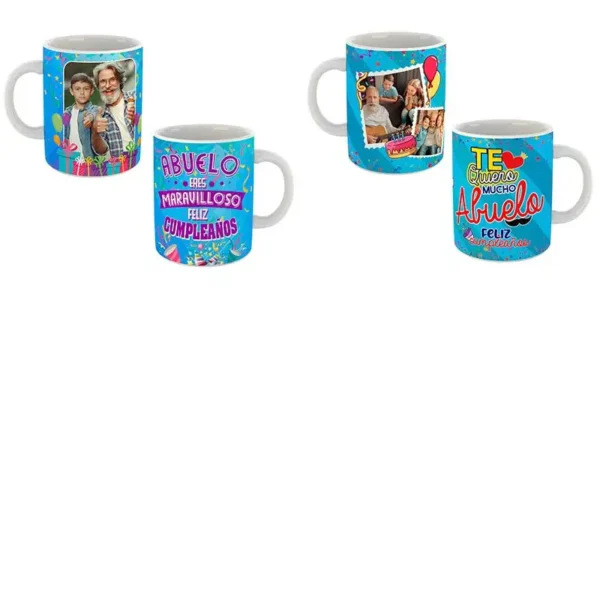 Plantilla editable para sublimar taza de cumpleaños con marco para foto. Diseño de taza de cumpleaños con globos y confeti. Taza personalizada con el nombre del cumpleañero. Mockup de taza de cumpleaños con fondo transparente.