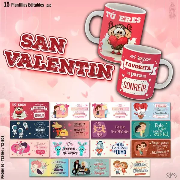 Plantilla editable para sublimar taza de San Valentín con frase de amor, Diseño de taza de San Valentín con corazones y flechas, Taza personalizada con el nombre del enamorado, Mockup de taza de San Valentín con fondo transparente.