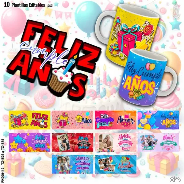 Plantilla editable para sublimar taza de cumpleaños con marco para foto. Diseño de taza de cumpleaños con globos y confeti. Taza personalizada con el nombre del cumpleañero. Mockup de taza de cumpleaños con fondo transparente.