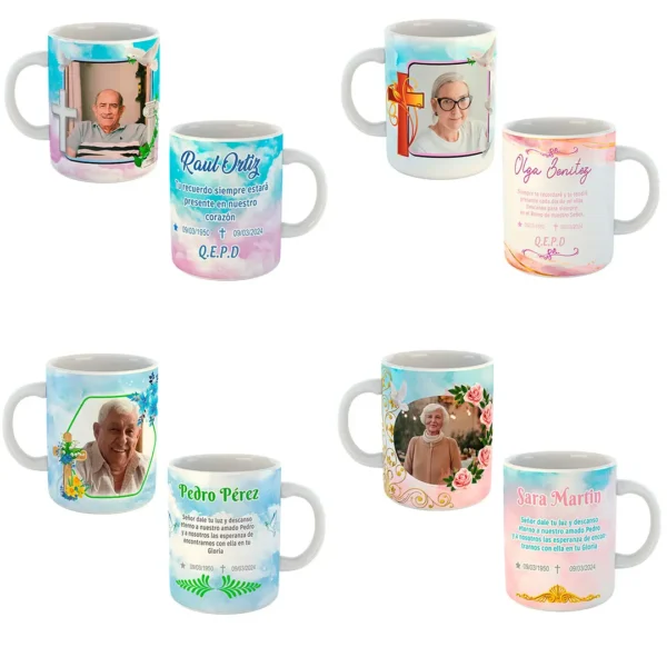 Pack de 15 plantillas para sublimar tazas con diseños de recuerdos fúnebres. Plantillas editables en .psd y .png. Personaliza con fotos, textos y elige entre diseños religiosos, laicos, con ángeles, cruces, flores y frases de luto. Incluye mockups de tazas y fuentes tipográficas.