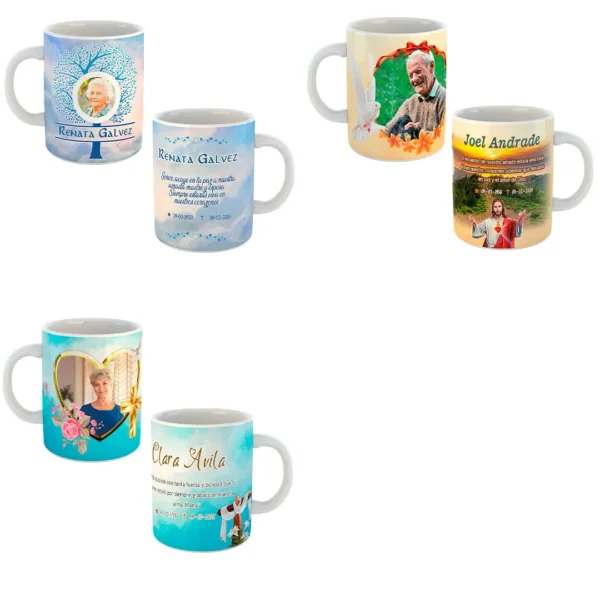 Pack de 15 plantillas para sublimar tazas con diseños de recuerdos fúnebres. Plantillas editables en .psd y .png. Personaliza con fotos, textos y elige entre diseños religiosos, laicos, con ángeles, cruces, flores y frases de luto. Incluye mockups de tazas y fuentes tipográficas.