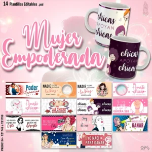 Plantillas para tazas con frases empoderadas Diseños editables del Día de la Mujer Tazas personalizadas con frases inspiradoras