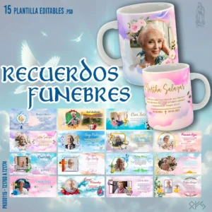 Pack de 15 plantillas para sublimar tazas con diseños de recuerdos fúnebres. Plantillas editables en .psd y .png. Personaliza con fotos, textos y elige entre diseños religiosos, laicos, con ángeles, cruces, flores y frases de luto. Incluye mockups de tazas y fuentes tipográficas.