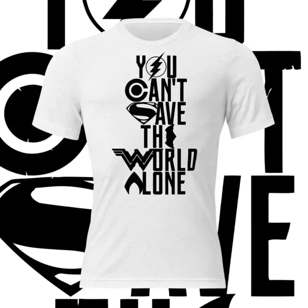 Vector exclusivo Liga de la Justicia con mensaje ‘You Can’t Save The World Alone’ para personalización de productos