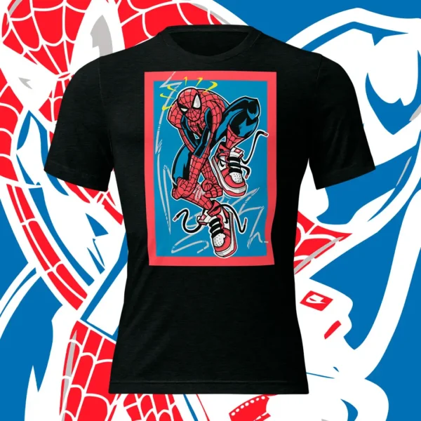 Vector de Spiderman con sentido arácnido y tenis destacados para personalización de productos