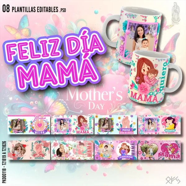 Pack de Plantillas Editables para Sublimación de Tazas del Día de las Madres - Diseños Personalizables con Fotos y Textos para Emprendedores.