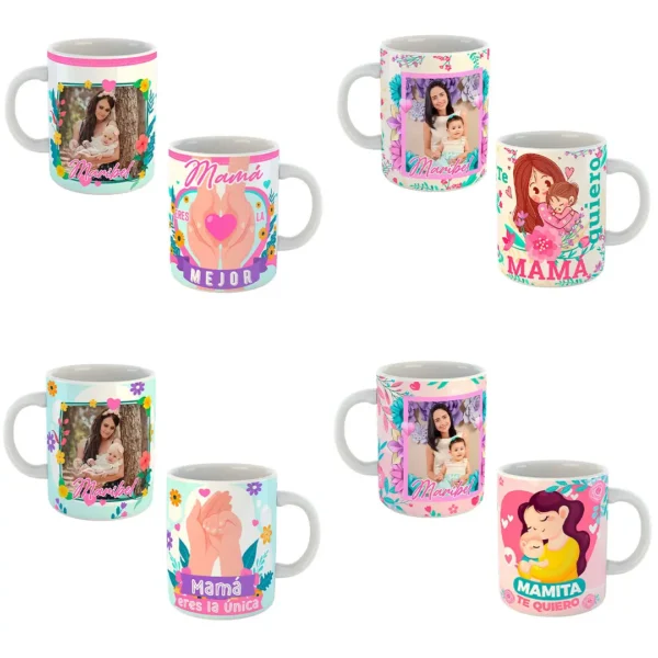 Pack de Plantillas Editables para Sublimación de Tazas del Día de las Madres - Diseños Personalizables con Fotos y Textos para Emprendedores.