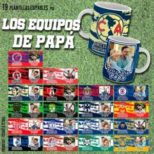 Pack de 19 Plantillas para Sublimar Tazas del Día del Padre con diseños de equipos de fútbol mexicano