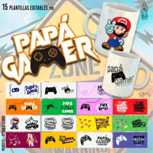 Pack de 15 Plantillas para Sublimar Tazas del Día del Padre con Tema Gamer