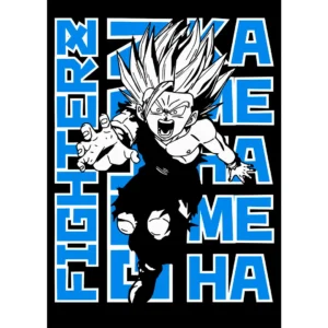 Vector de Gohan Niño Super Saiyajin 2 lanzando Kame Hame Ha en fondo negro con texto azul y blanco.