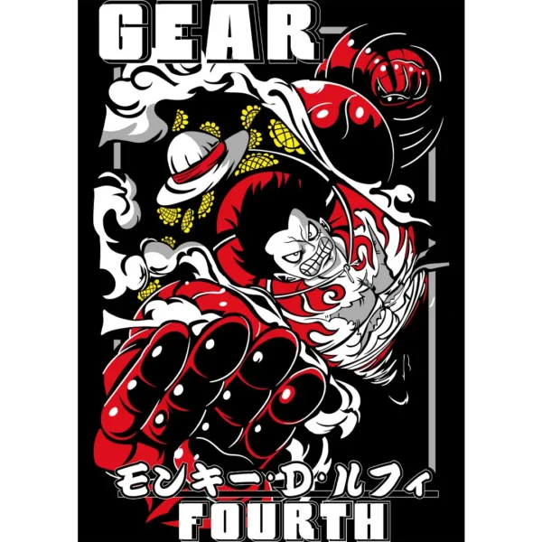Vector de Luffy en su transformación Gear Fourth, ideal para estampar en playeras y sudaderas, disponible en formatos .ai y .png.