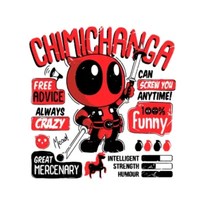 Vector de Deadpool con chimichangas en estilo caricatura, ideal para estampar en playeras y sudaderas, disponible en formatos .ai y .png en Subliwork.