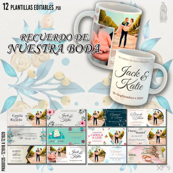 Plantillas PSD editables para recuerdos de boda con diseños personalizables y florales