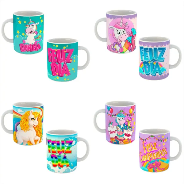 Pack de 16 Plantillas Editables para Sublimar Tazas de Cumpleaños con Diseños de Unicornios en Formatos .PSD y .PNG