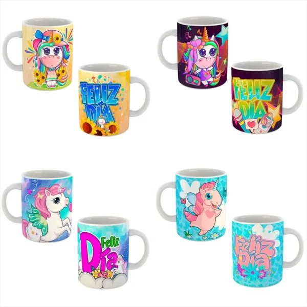 Pack de 16 Plantillas Editables para Sublimar Tazas de Cumpleaños con Diseños de Unicornios en Formatos .PSD y .PNG