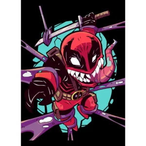 Diseño de Venompool fusionando Deadpool y Venom en estilo vibrante para estampados personalizados