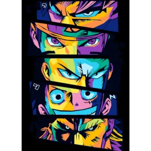 Vector de ojos de personajes poderosos del anime: Goku, Naruto, Saitama, Luffy y All Might, con colores vibrantes, ideal para estampar en playeras y sudaderas.