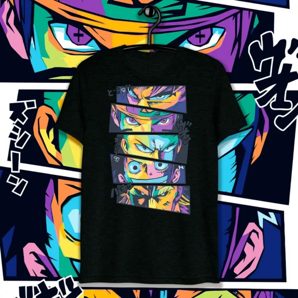 Vector de ojos de personajes poderosos del anime: Goku, Naruto, Saitama, Luffy y All Might, con colores vibrantes, ideal para estampar en playeras y sudaderas.