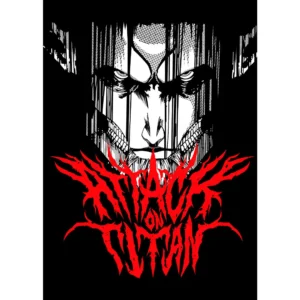 Vector de El Titan de Ataque de Attack On Titan en blanco y negro, con texto rojo estilizado, ideal para estampados personalizados en playeras y sudaderas.