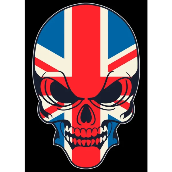 "Vector de calavera británica con la bandera del Reino Unido, diseño exclusivo para estampados en camisetas y sudaderas"
