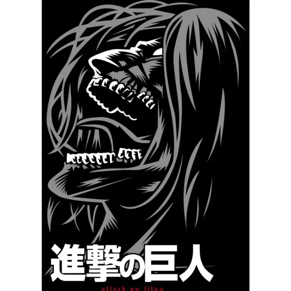 Diseño vectorial del Titán de Ataque de "Attack on Titan" en blanco y negro, ideal para estampar en playeras, sudaderas y artículos personalizables.