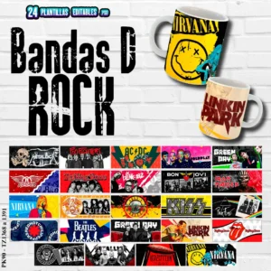 Pack de 24 Plantillas Editables de Bandas de Rock para Sublimar Tazas en Formatos PSD y PNG