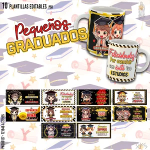 Pack de 10 Plantillas Editables de Graduación para Tazas en Formato PSD y PNG - Diseños Personalizables para Sublimación