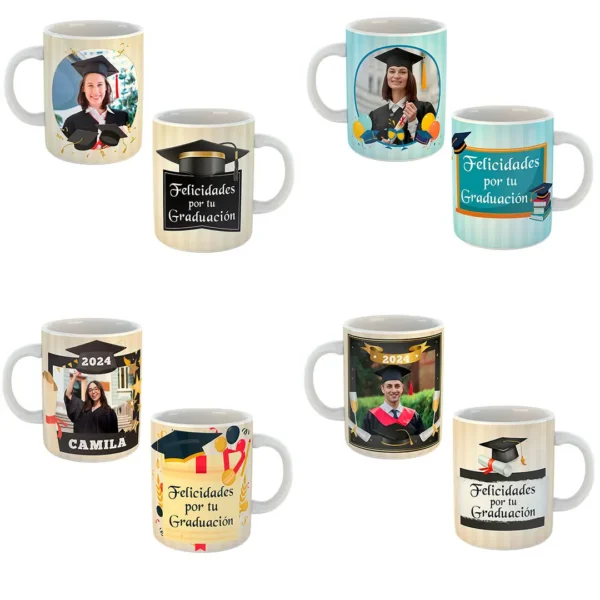 Plantillas editables para tazas de graduación - Pack de 10 diseños en formatos PSD y PNG, incluye mockups y fuentes tipográficas para personalización y sublimación.