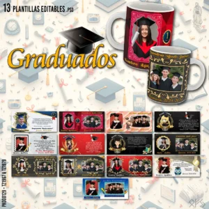 Pack de 13 Plantillas Editables en Formato PSD para Tazas de Graduación - Mockups Incluidos - Ideal para Negocios de Personalización