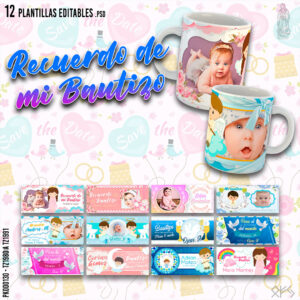 Pack de 12 Plantillas Editables para Tazas de Bautizo en Formatos PSD y PNG, Incluye Mockups y Fuentes Tipográficas para Personalización