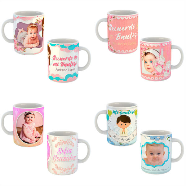 Pack de 12 Plantillas Editables para Tazas de Bautizo en Formatos PSD y PNG, Incluye Mockups y Fuentes Tipográficas para Personalización