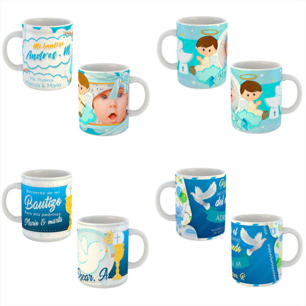 Pack de 12 Plantillas Editables para Tazas de Bautizo en Formatos PSD y PNG, Incluye Mockups y Fuentes Tipográficas para Personalización