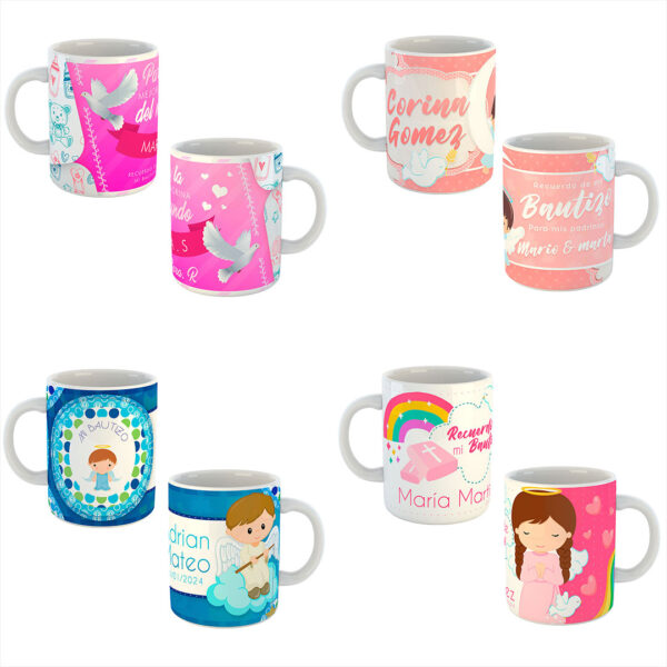 Pack de 12 Plantillas Editables para Tazas de Bautizo en Formatos PSD y PNG, Incluye Mockups y Fuentes Tipográficas para Personalización