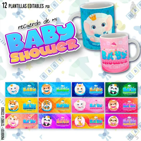 Pack de 12 Plantillas Editables para Sublimar Tazas de Baby Shower en Formato PSD y PNG - Diseños Adorables y Coloridos