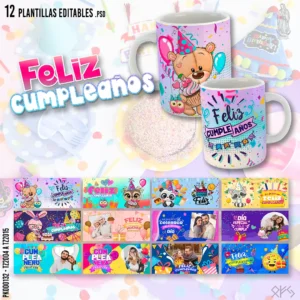 Pack de 12 Plantillas Editables para Sublimar Tazas de Cumpleaños con Diseños Coloridos y Espacio para Foto del Cumpleañero en Formatos PSD y PNG