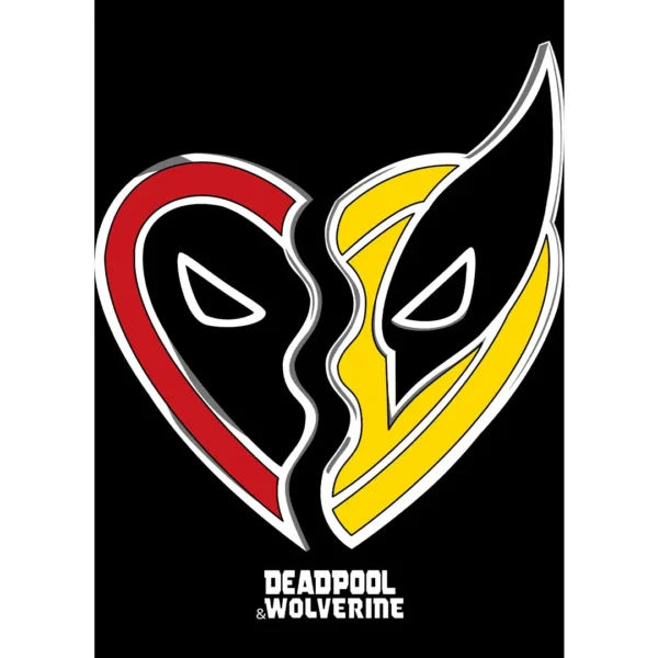 Diseño vectorial de Deadpool y Wolverine en formato de corazón, ideal para estampar en playeras, sudaderas y artículos personalizables.