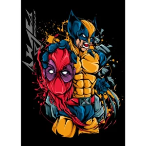 Vector de diseño exclusivo de Wolverine sosteniendo la máscara de Deadpool, ideal para estampar en playeras y sudaderas.