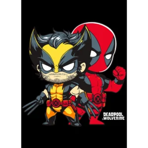 Ilustración chibi de Deadpool y Wolverine en estilo vectorial, perfecta para estampado en playeras y artículos personalizables.