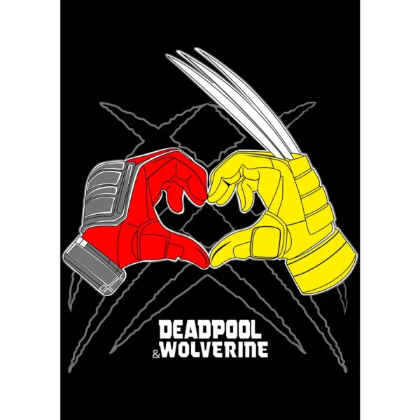 Vector de diseño exclusivo de Deadpool y Wolverine con guantes en forma de corazón, ideal para estampar en playeras y sudaderas.