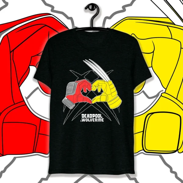 Vector de diseño exclusivo de Deadpool y Wolverine con guantes en forma de corazón, ideal para estampar en playeras y sudaderas.