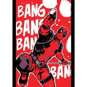 Vector de Deadpool 'Bang Bang' para estampar en playeras, con fondo rojo y el personaje en una pose dinámica, disponible en formatos .ai y .png.