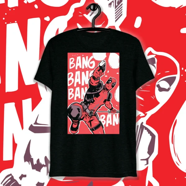 Vector de Deadpool 'Bang Bang' para estampar en playeras, con fondo rojo y el personaje en una pose dinámica, disponible en formatos .ai y .png.