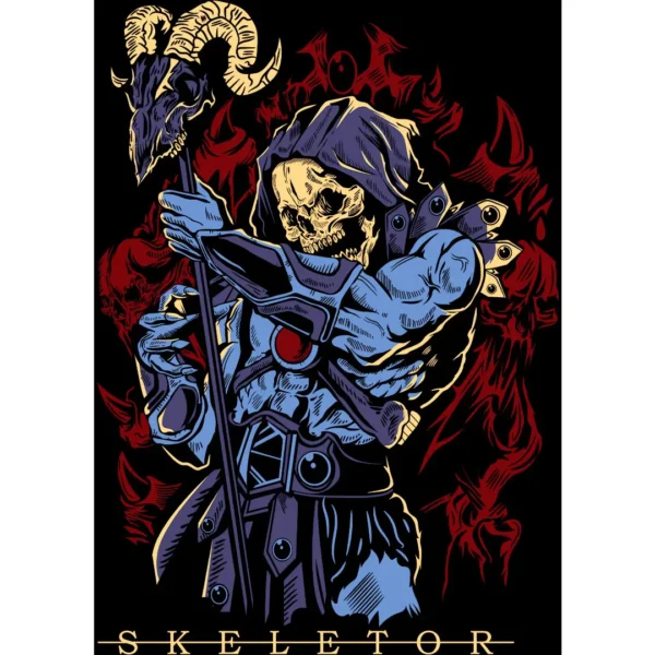 Diseño vectorial de Skeletor para estampar en playeras y sudaderas, con detalles vibrantes y alta resolución.