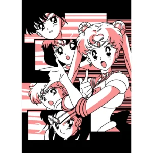 Ilustración de Sailor Moon y sus compañeras en estilo anime, ideal para vector de estampado en playeras y artículos personalizados