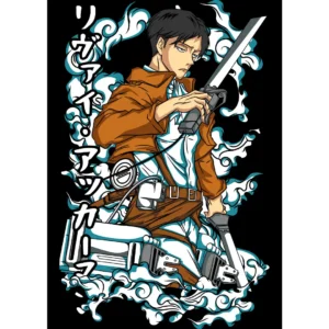 Diseño vectorial de Levi Ackerman de 'Attack on Titan' en formatos .ai y .png, ideal para estampar en playeras, sudaderas y artículos personalizables.