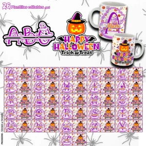 Pack de 26 plantillas editables para sublimar tazas de Halloween con diseños del abecedario en formatos .psd y .png, mostrando ejemplos de tazas personalizadas con motivos de calabazas y fantasmas.