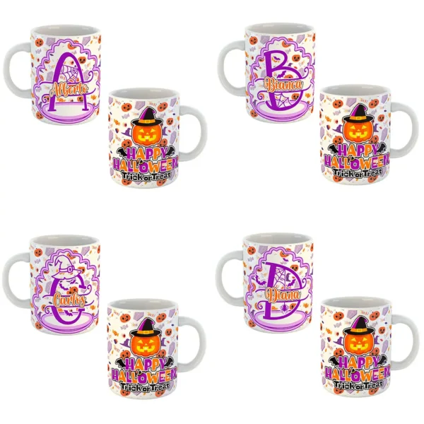 Pack de 26 plantillas editables para sublimar tazas de Halloween con diseños del abecedario en formatos .psd y .png, mostrando ejemplos de tazas personalizadas con motivos de calabazas y fantasmas.
