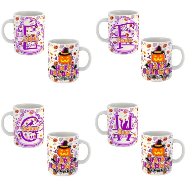 Pack de 26 plantillas editables para sublimar tazas de Halloween con diseños del abecedario en formatos .psd y .png, mostrando ejemplos de tazas personalizadas con motivos de calabazas y fantasmas.
